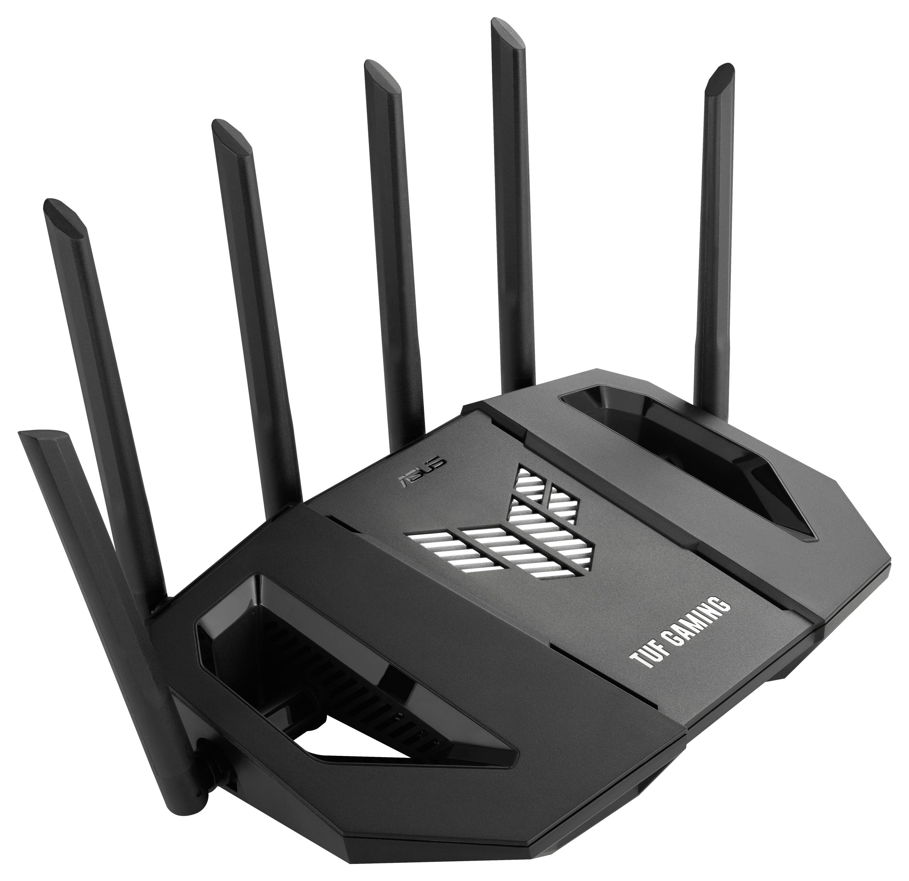 Ein schlankes, schwarzes Gaming-Router mit sechs Antennen namens TUF Gaming, entwickelt für verbesserte drahtlose Konnektivität und Online-Gaming-Leistung.