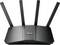 Ein schwarzer drahtloser Router mit vier nach oben gestreckten Antennen, auf dessen Vorderseite das 'Asus'-Logo zu sehen ist.