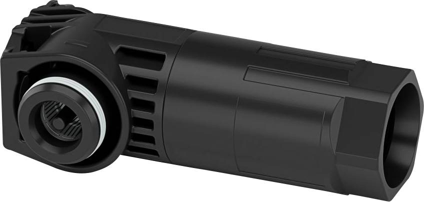 Ein zylindrischer, schwarzer mechanischer Teil mit gerillter Textur und einer kreisförmigen Öffnung an einem Ende, möglicherweise ein Verbinder oder Adapterbestandteil.