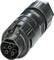 Ein schwarzer, kreisförmiger elektrischer Steckverbinder mit fünf Kontakten, der für sichere und zuverlässige Kabelverbindungen in industriellen Anwendungen verwendet wird.