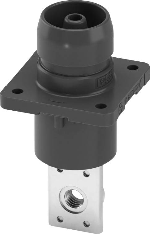 Ein schwarzer und grauer industrieller Verbinder mit einem zylindrischen Oberteil und einer rechteckigen Basis, konzipiert für die Montage in elektrischen Systemen.