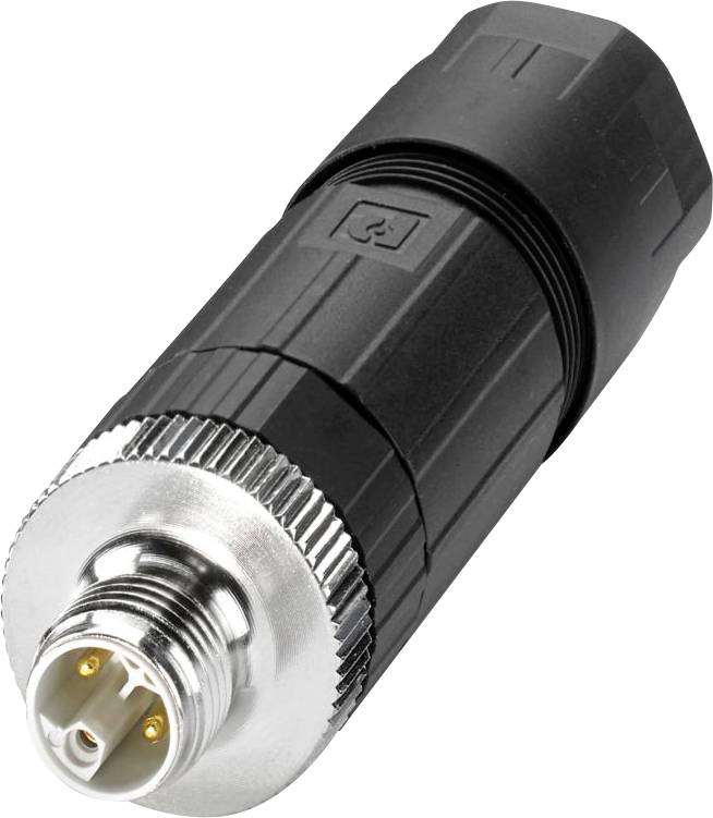 Ein zylindrischer schwarzer elektrischer Stecker mit einer Metallfassung und drei Goldkontakten, der für industrielle oder elektronische Verbindungen verwendet wird.