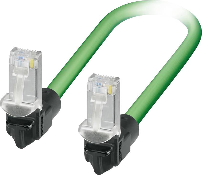 Ein grünes Netzwerk-Ethernet-Kabel mit zwei RJ45-Steckern, das für kabelgebundene Internetverbindungen oder Datentransfer zwischen Geräten verwendet wird.