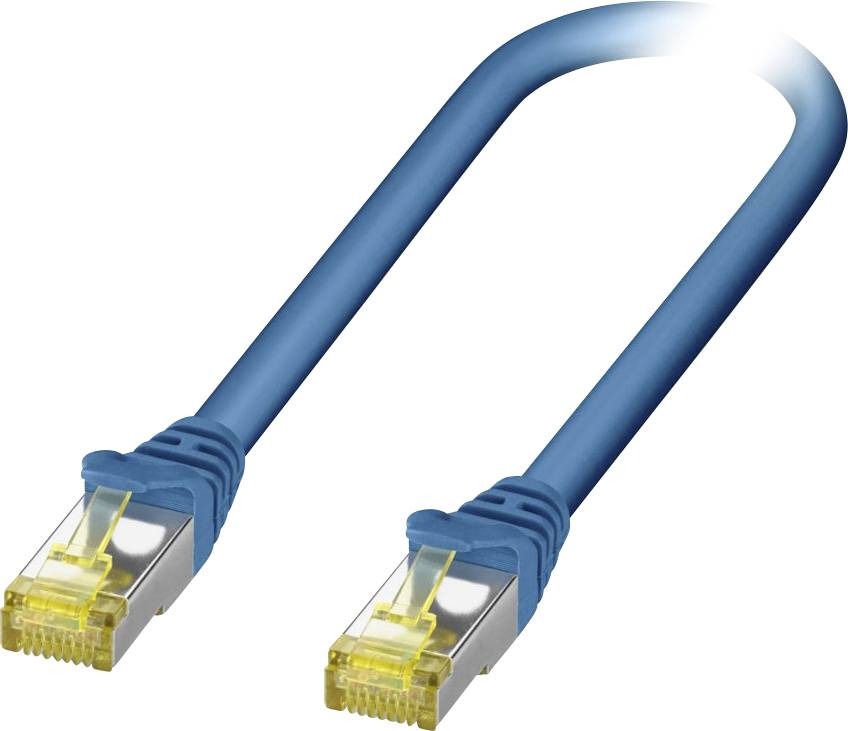 Ein blaues Ethernet-Kabel mit zwei gelbspitzigen Steckern an beiden Enden.