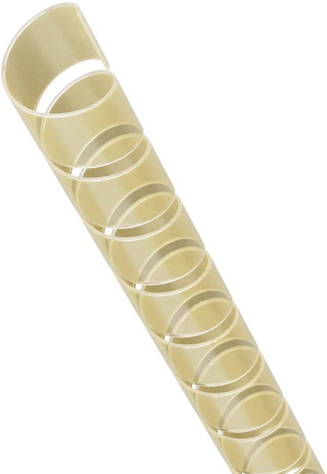 Eine durchscheinende beige Plastik-Spiralbindung, diagonal ausgerichtet, die zum Binden von Papierstapeln oder zur Herstellung von Notizbüchern verwendet wird.