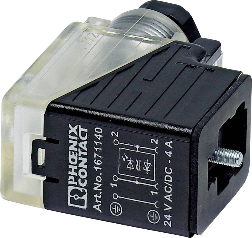 Elektrische Komponente mit Beschriftung 'PHOENIX CONTACT', Teilenummer 1677140, mit Diagramm, das 24V AC/DC, 4A Spannungs- und Stromstärkenangabe zeigt.