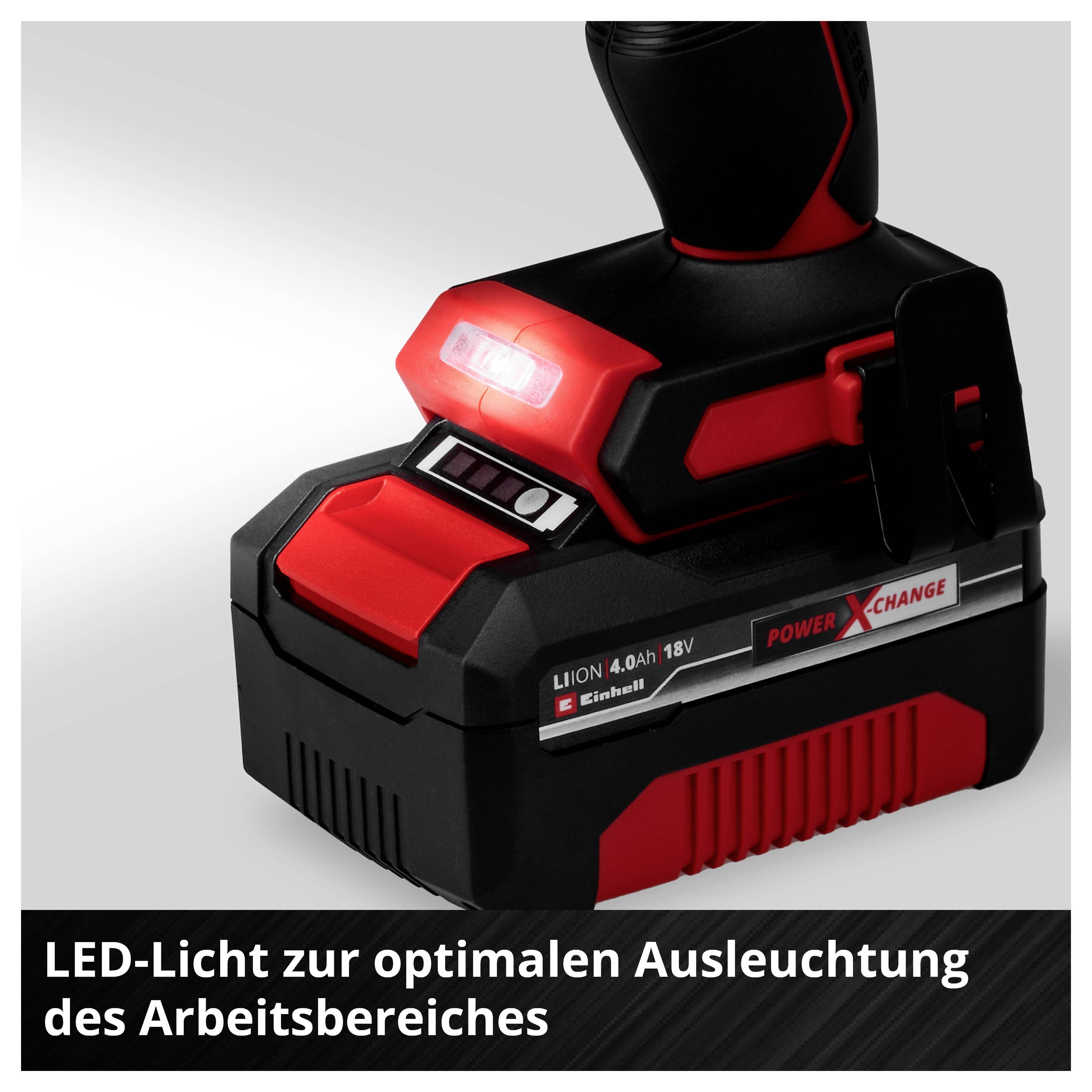 Akkuschrauber mit LED-Licht, das den Arbeitsbereich optimal ausleuchtet. Text auf dem Bild: 'LED-Licht zur optimalen Ausleuchtung des Arbeitsbereiches'.