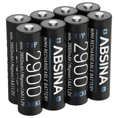 Sieben schwarze Abisna AA-Akkus sind zusammengruppiert, wobei jeder mit '2900 mAh, NiMH, 1,2V' gekennzeichnet ist. Sie sind für verschiedene elektronische Geräte geeignet.