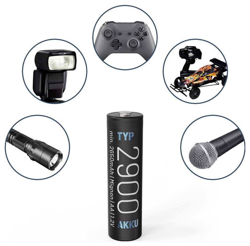 Batterie in der Mitte mit elektronischen Geräten wie einem Gamepad, einer Blitzleuchte, einem Spielzeugauto, einer Taschenlampe und einem Mikrofon herum, was die Kompatibilität anzeigt.