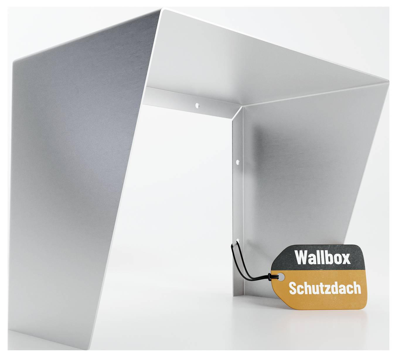 Eine Schutzmetallabdeckung für eine Wallbox, mit einem Schild, auf dem "Wallbox Schutzdach" steht, mit einem einfachen Design und glänzender Oberfläche.