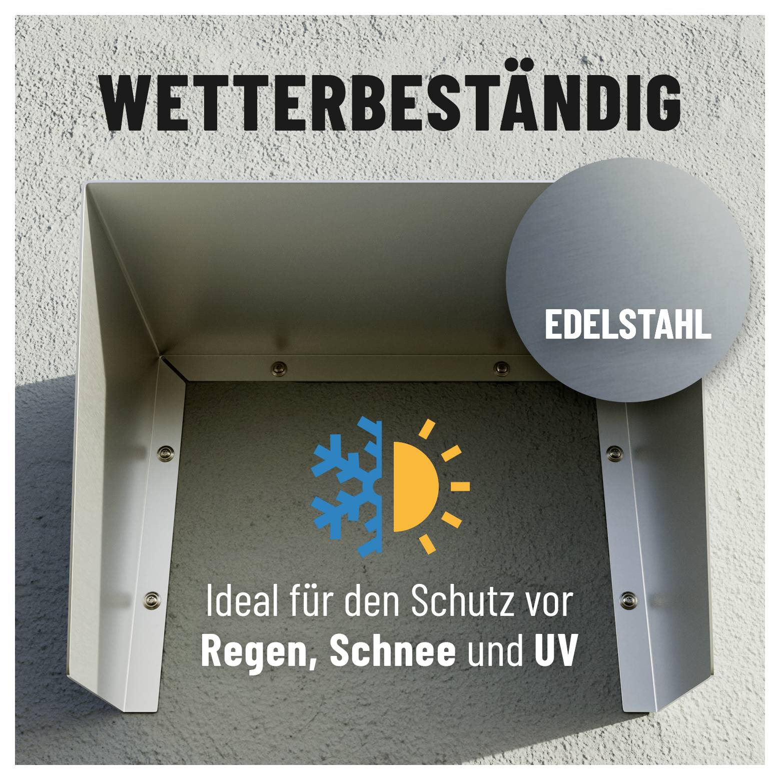 Metallabdeckung an der Wand, Text liest sich "Wetterfest", "Edelstahl", mit Wettersymbolen; schützt vor Regen, Schnee, UV-Strahlung.