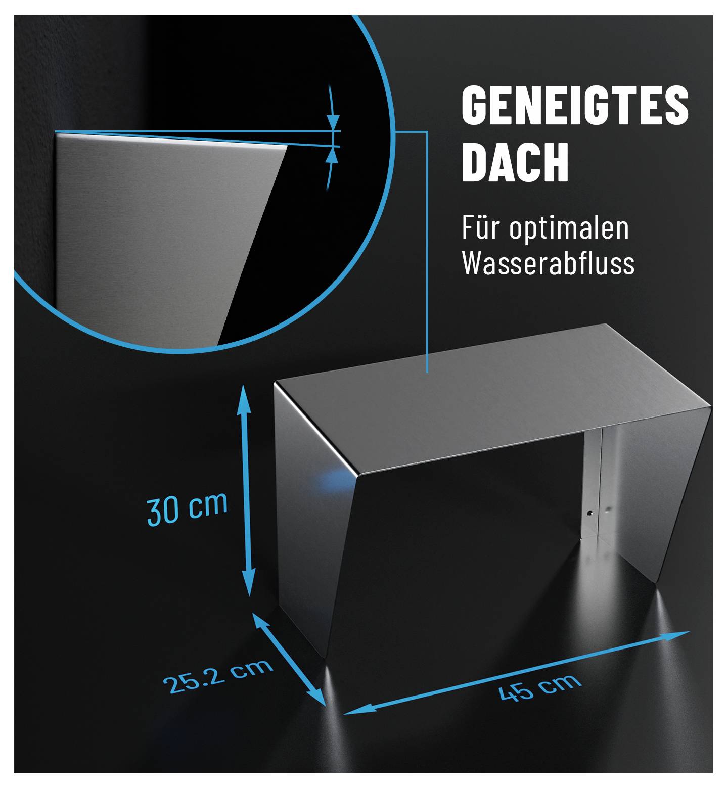 "Geneigtes Dach" mit Abmessungen: 30 cm Höhe, 45 cm Breite, 25,2 cm Tiefe, das ein optimales Wasserdrainage-Design für ein geneigtes Dach darstellt.