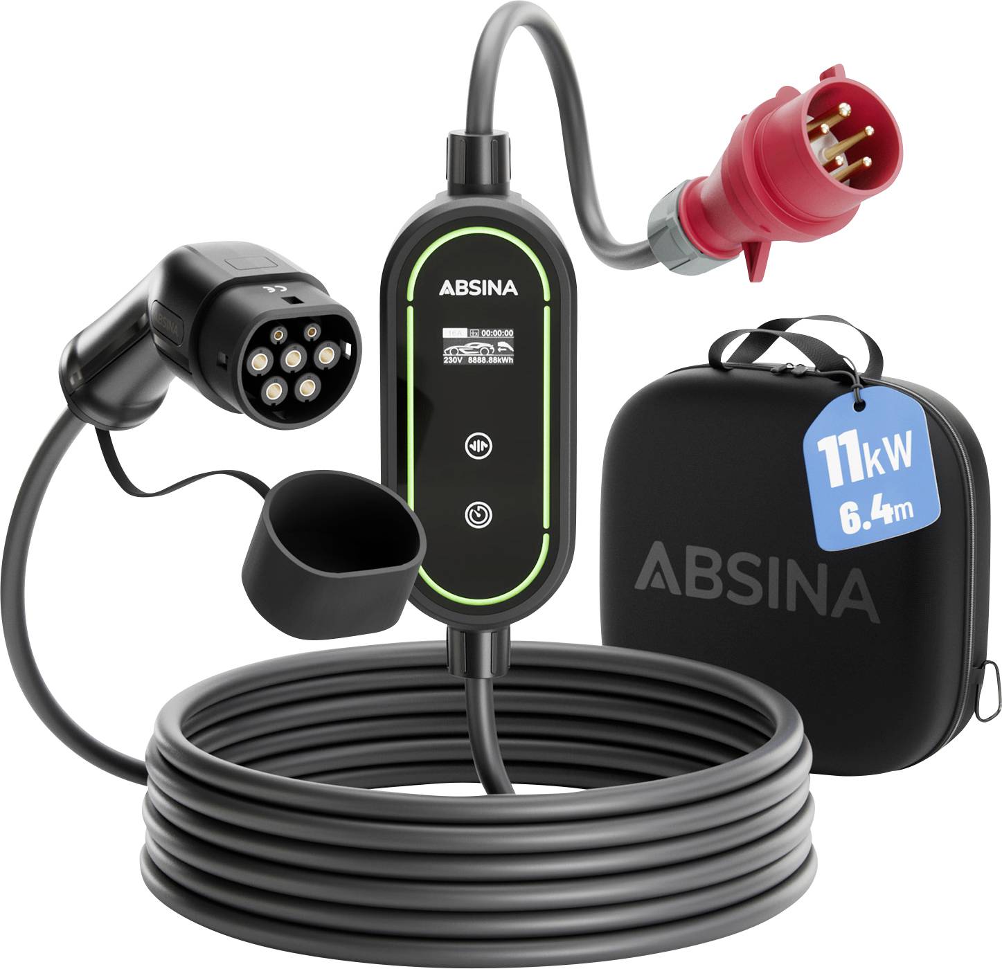 Elektrisches Ladekabel für Elektrofahrzeuge mit schwarzen Anschlüssen und Steuermodul, aufgewickelt neben einer weichen Transporttasche mit der Aufschrift „11kW 6,4m".