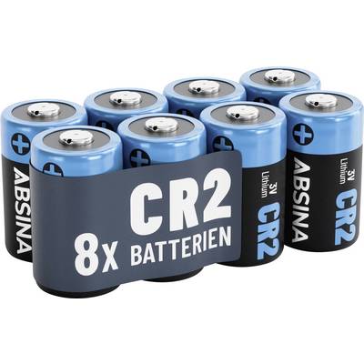 Acht Stück CR2-Lithiumbatterien, gekennzeichnet als 'ABSINA 3V'.