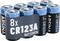 Acht blaue und schwarze CR123A-Lithiumbatterien mit der Beschriftung '8x CR123A Batterien' auf der Verpackung.