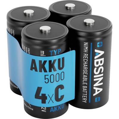 Vier Absina NiMH-Akkus in einer Packung mit der Aufschrift 'AKKU 5000 4xC', was Typ und Kapazität angibt.