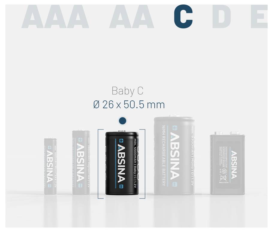 Batterie-Größenvergleich. 'Baby C: Ø 26 x 50,5 mm' ist zwischen verschiedenen Batteriegrößen hervorgehoben: AAA, AA, C, D, E.