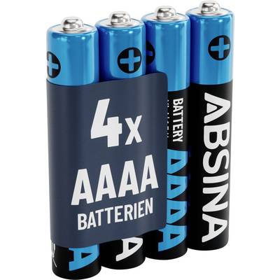 Vier AAAA-Batterien in einer Verpackung mit der Aufschrift '4x AAAA Batterien', in blau und schwarz gehalten, mit Pluszeichen auf der Oberseite.