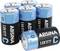 Sechs aufrecht angeordnete blau-schwarze „ABSINA" 1,5V-C-Batterien mit einer liegend daneben, die Marke und den Batterietyp zeigend.