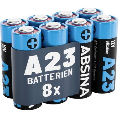 Acht A23-Alkalibatterien zusammengebunden, mit der Beschriftung "A23 Batterien 8x", wobei jede Batterie einen positiven Pol und ein blaues und schwarzes Gehäuse aufweist.