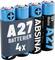 Viererpack A27 Alkalibatterien, gekennzeichnet mit 12V, 0% Cadmium, 0% Quecksilber, mit einem blau-schwarzen Design.