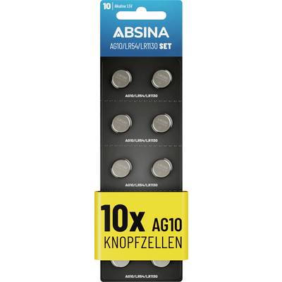 Packung mit 10 ABSINA AG10/LR54/LR1130 Alkaline-Knopfzellen, 1,5V, auf einer schwarzen Karte mit gelbem Etikett.