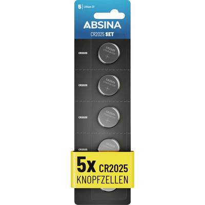 '5x CR2025 Knopfzellen', eine Packung mit fünf Knopfbatterien von Absina, beschriftet als 'Lithium 3V'.