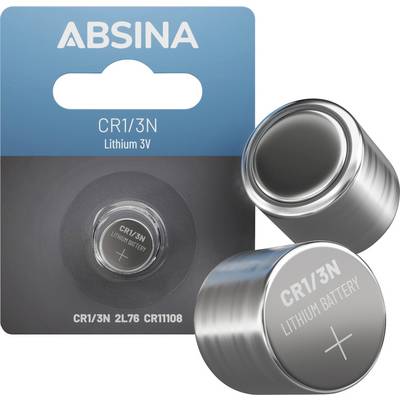Das Bild zeigt ein Paket und zwei zylindrische CR1/3N-Lithiumbatterien, 3V, mit der Markenbezeichnung 'ABSINA' und den Spezifikationen '2L76 CR11108'.