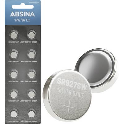 Verpackung von ABSINA SR927SW 10x Silberoxid-Knopfbatterien mit einer Darstellung von 10 Batterien auf einer Karte und einer Detailaufnahme einer einzelnen Batterie
