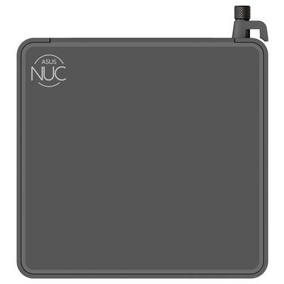 Ein quadratischer, schwarzer ASUS NUC Mini-PC, von oben betrachtet, mit einer kleinen Antenne in der oberen rechten Ecke.