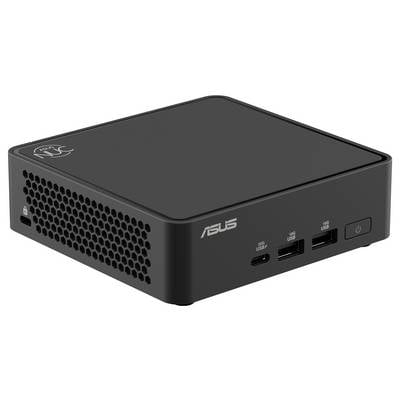 Ein kleiner, schwarzer Asus Mini-PC mit mehreren USB-Anschlüssen an der Vorderseite, Powerknopf und Lüftungslöchern an der Seite, konzipiert für kompaktes Computing.
