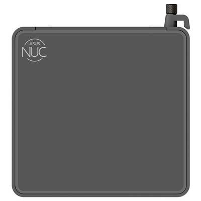 Ein schwarzer ASUS NUC Mini-PC mit kompaktem, quadratischem Design. Ein ASUS-Logo ist in der oberen linken Ecke sichtbar.