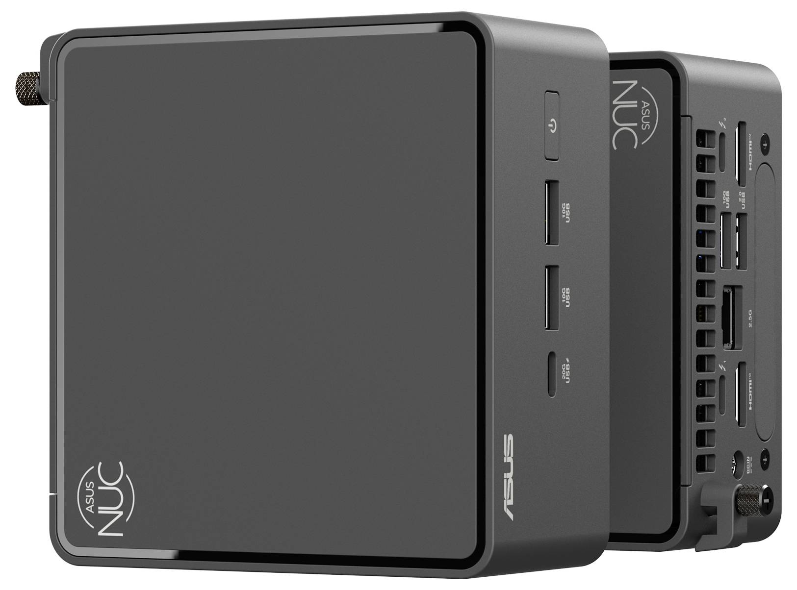 "ASUS NUC" Mini-PC von der Seite und von hinten gezeigt, mit Hervorhebung mehrerer USB-Anschlüsse und kompaktem Design.