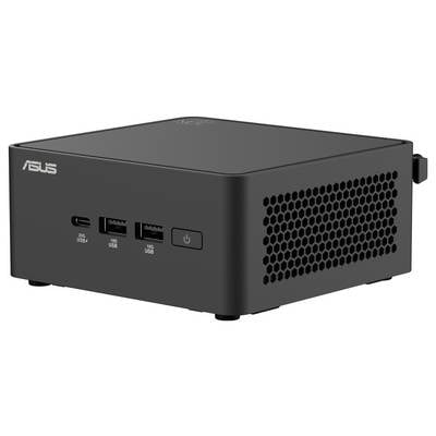 Ein kompakter, schwarzer ASUS-Computer mit Lüftungslöchern, zwei USB-Anschlüssen, einem USB-C-Anschluss und einem Powerknopf auf der Frontblende.