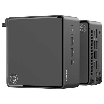 Ein schwarzer ASUS NUC Mini-PC mit vorderen Anschlüssen, Einschalttaste und gelochtem Rückenpanel, der sein kompaktes und elegantes Design zur Schau stellt.