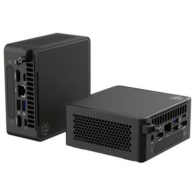 Zwei kompakte schwarze Mini-Desktop-Computer. Der linke steht aufrecht und zeigt mehrere Anschlüsse; der rechte liegt flach mit einem Maschenmuster.