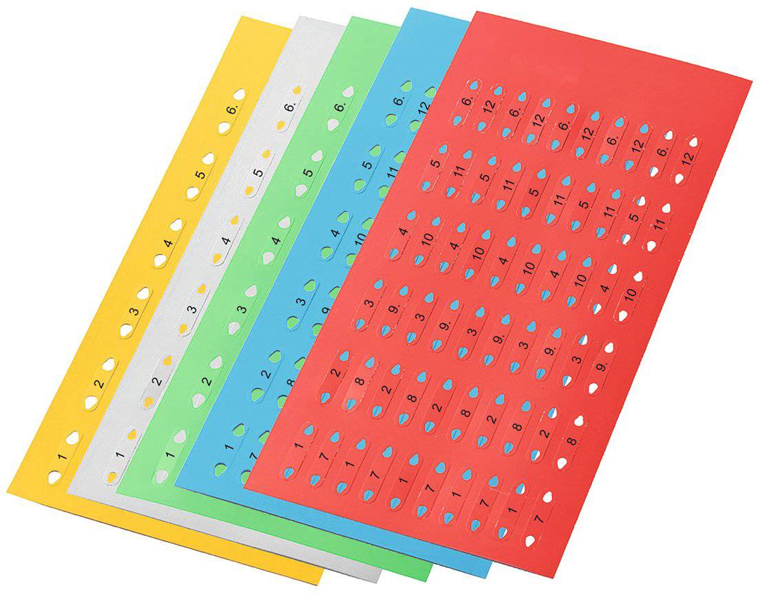 Eine Reihe bunter Multiplikationsstreifen, die mit Zahlen von 1 bis 15 in Zeilen und Spalten beschriftet sind und zum Lehren oder Üben von mathematischen Grundlagen verwendet werden.