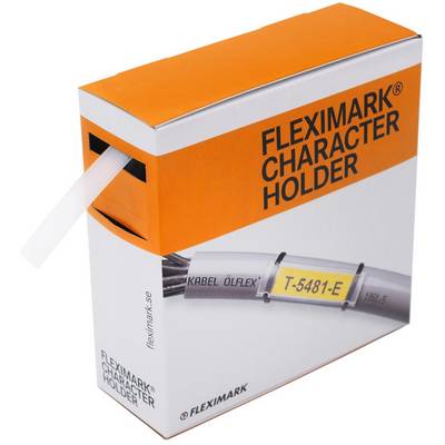 Packung mit Fleximark-Zeichenhaltern mit einem herausragenden Musteretikett. Verpackung zeigt ein Beispiel eines beschrifteten Kabels in Gebrauch.