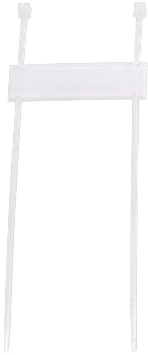 Eine transparente Kabelbindermarkierung mit zwei angehängten Bindern, die zur Organisation und Identifizierung von Kabeln verwendet wird.