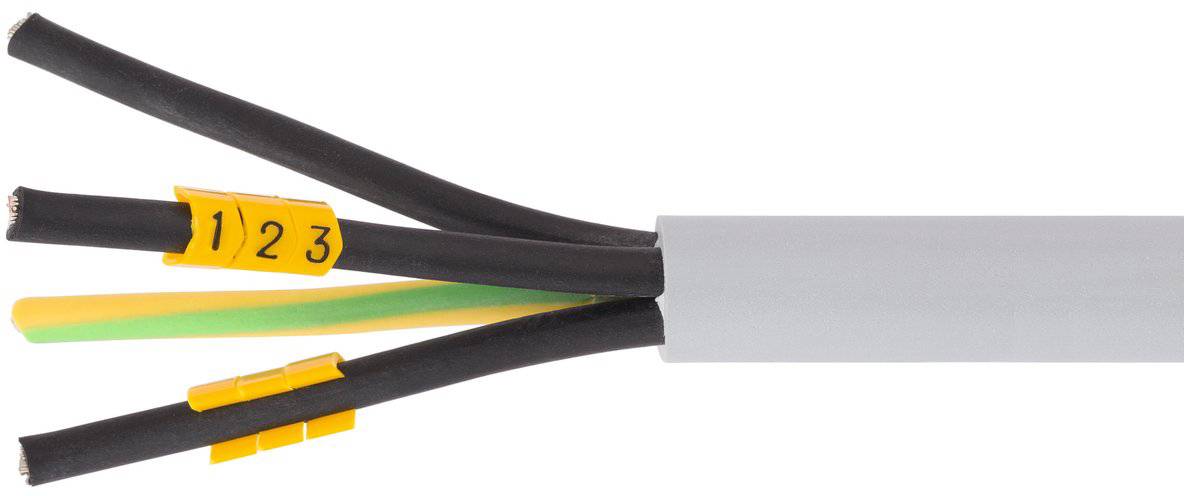 Vier elektrische Leitungen mit den Bezeichnungen '1', '2', '3' und ein grün-gelber Erdungsdraht ragen aus einem grauen Kabel heraus und zeigen phasenweise Verbindungen an.
