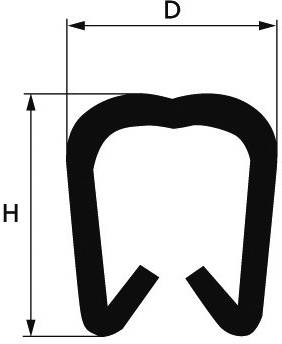 Diagramm einer zahnförmigen schwarzen Umrisszeichnung mit Messungen. Vertikale Linie "H" und horizontale Linie "D" zeigen die Abmessungen der Form an.