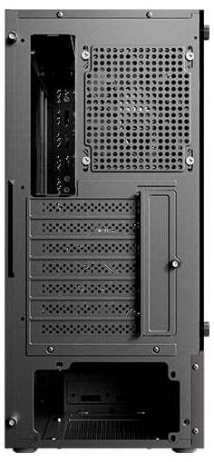 Das Bild zeigt die Rückansicht eines Computer-Tower-Gehäuses mit mehreren Erweiterungssteckplätzen, einem Rückpanel für Anschlüsse und einem am Boden montierten Netzteilbereich.