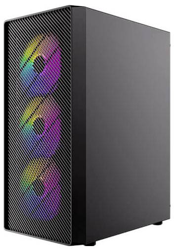 Computergehäuse mit drei sichtbaren Lüftern, die auf der Frontplatte mehrfarbige LED-Beleuchtung aufweisen.
