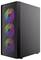 Computergehäuse mit drei sichtbaren Lüftern, die auf der Frontplatte mehrfarbige LED-Beleuchtung aufweisen.