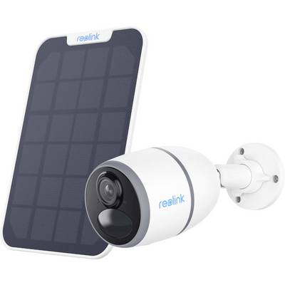 Eine weiße Sicherheitskamera mit der Markenbezeichnung 'Reolink' ist an einer Wand montiert. Daneben befindet sich ein Solarpanel, was auf eine Solarstrom-Fähigkeit hinweist.