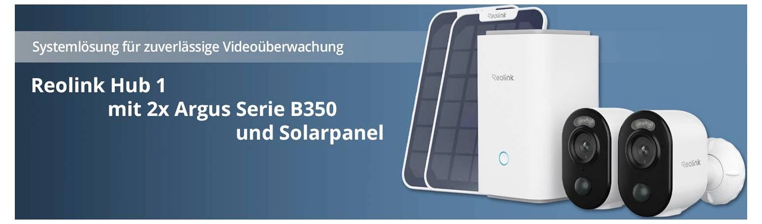Reolink Hub 1 mit 2x Argus Series B350 und Solarpanel auf blauem Hintergrund; System für zuverlässige Videoüberwachung.