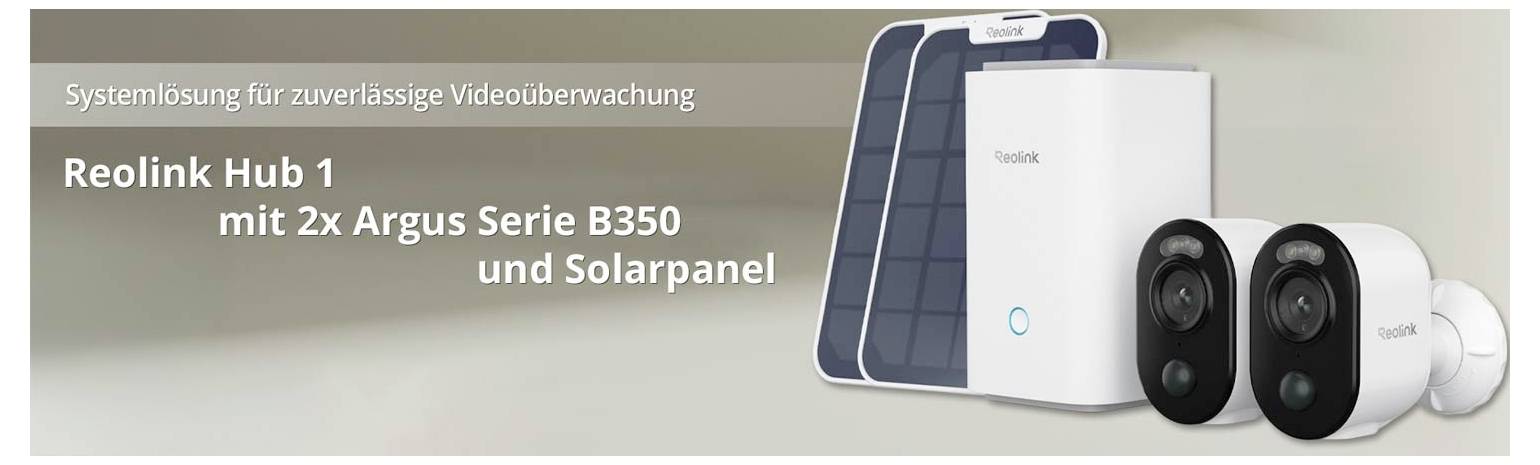 'Reolink Hub 1 mit 2x Argus Series B350 und Solarpanel in einem Sicherheitssystem-Paket für zuverlässige Videoüberwachung.'