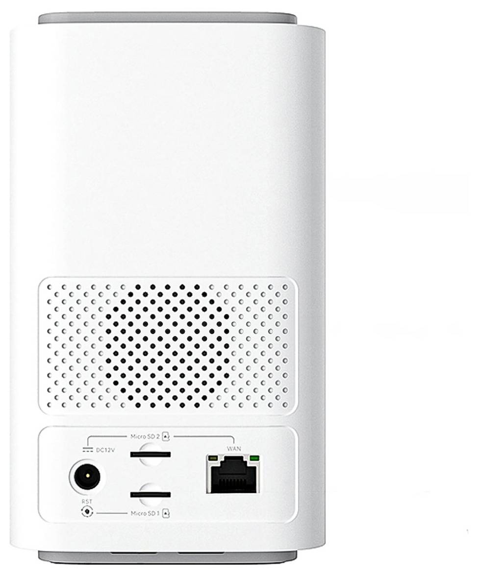 Rückansicht eines weißen zylindrischen Geräts mit einer Lüftungsöffnung, zwei microSD-Kartensteckplätzen, einem LAN-Anschluss und einem Stromanschluss.