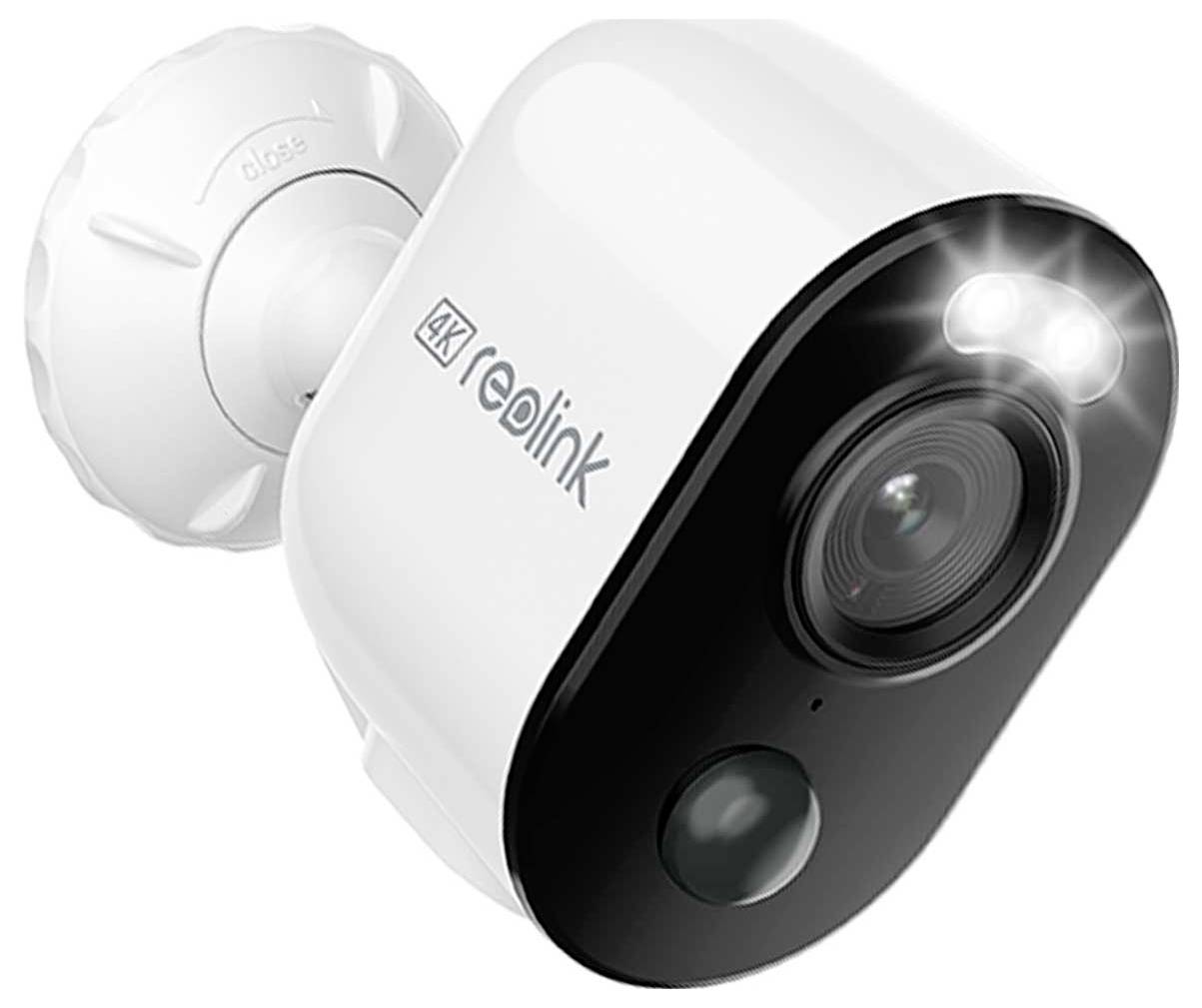 Outdoor-Sicherheitskamera mit '4K Reolink'-Etikett, ausgestattet mit Objektiv und LED-Leuchten für Nachtsicht.