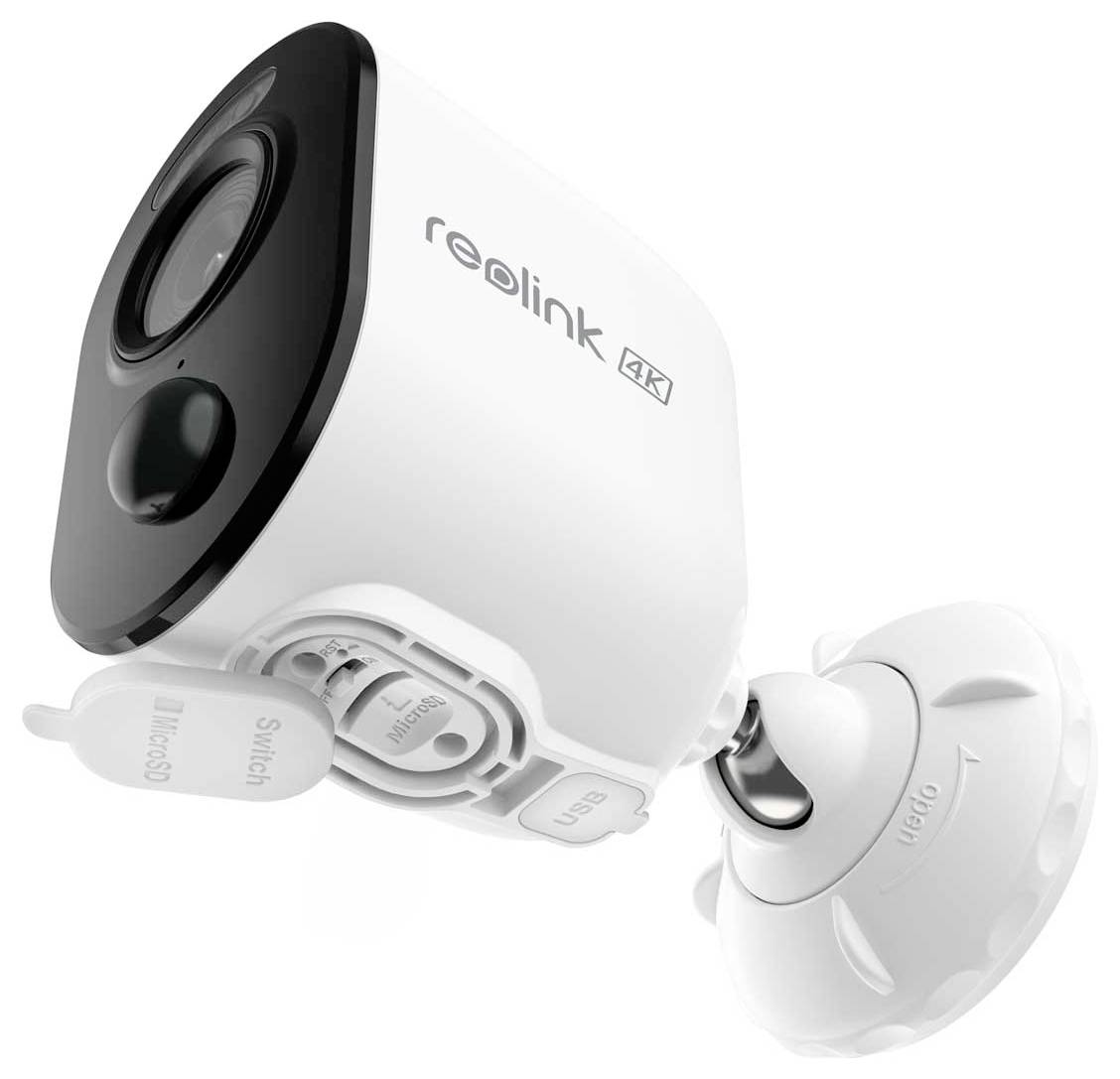 Weiße Sicherheitskamera mit der Bezeichnung "Reolink 4K", die auf einer schwenkbaren Halterung montiert ist; zu den Funktionen gehören USB- und Netzwerkanschlüsse sowie ein Statusanzeiger.